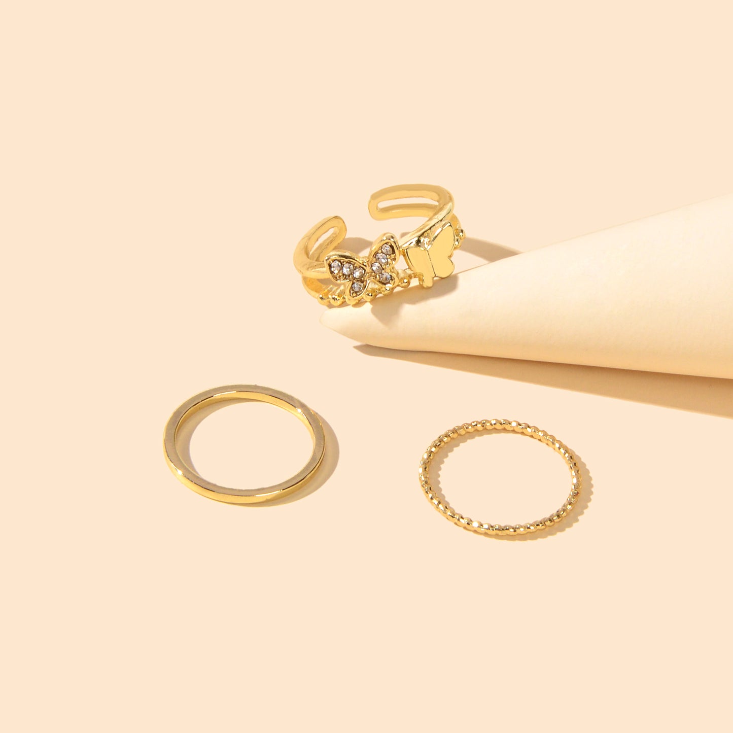 3 pcs Stylish Rhinestone Gold Butterfly Stackable Multiple Midi Finger Rings Set