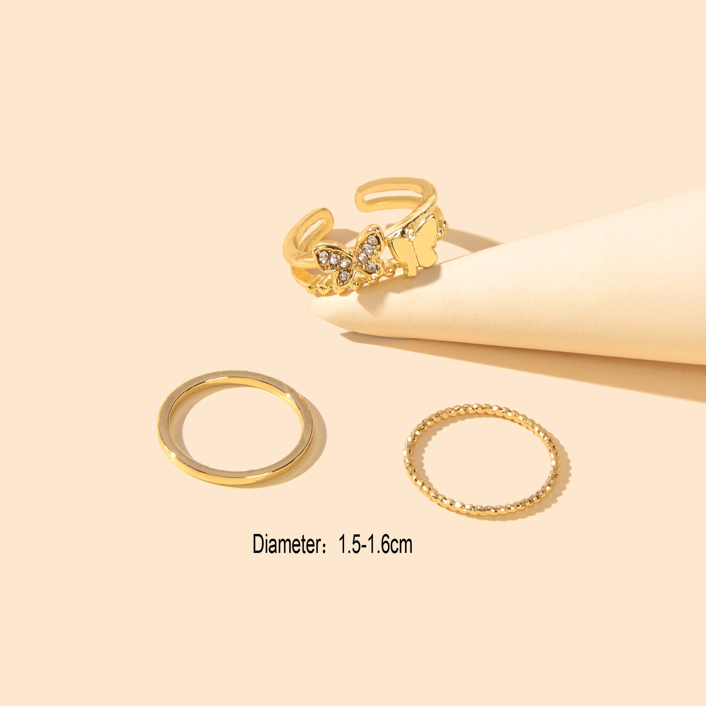 3 pcs Stylish Rhinestone Gold Butterfly Stackable Multiple Midi Finger Rings Set