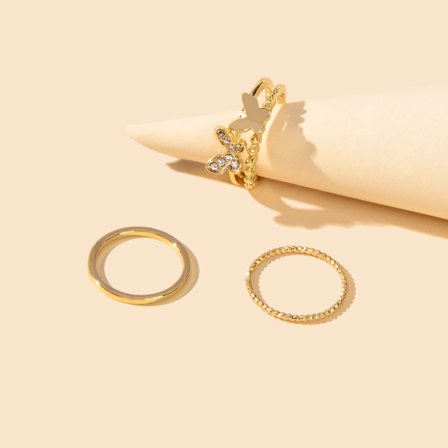 3 pcs Stylish Rhinestone Gold Butterfly Stackable Multiple Midi Finger Rings Set