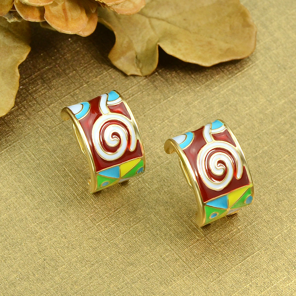 Ethnic Jewelry Colorful Enamel Geometric Pattern Wrap Cuffs Stud Huggie Earrings