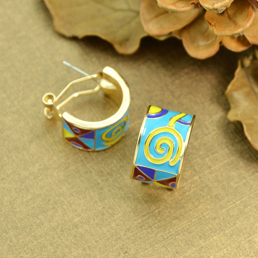Ethnic Jewelry Colorful Enamel Geometric Pattern Wrap Cuffs Stud Huggie Earrings
