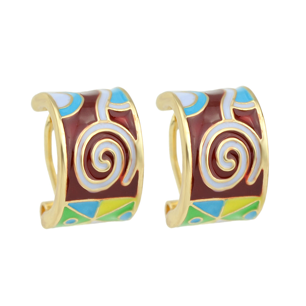 Ethnic Jewelry Colorful Enamel Geometric Pattern Wrap Cuffs Stud Huggie Earrings