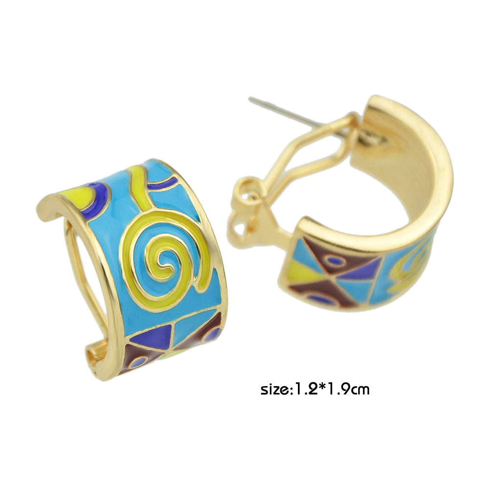 Ethnic Jewelry Colorful Enamel Geometric Pattern Wrap Cuffs Stud Huggie Earrings