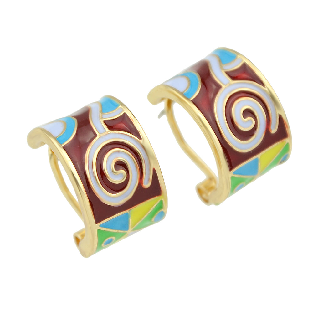 Ethnic Jewelry Colorful Enamel Geometric Pattern Wrap Cuffs Stud Huggie Earrings