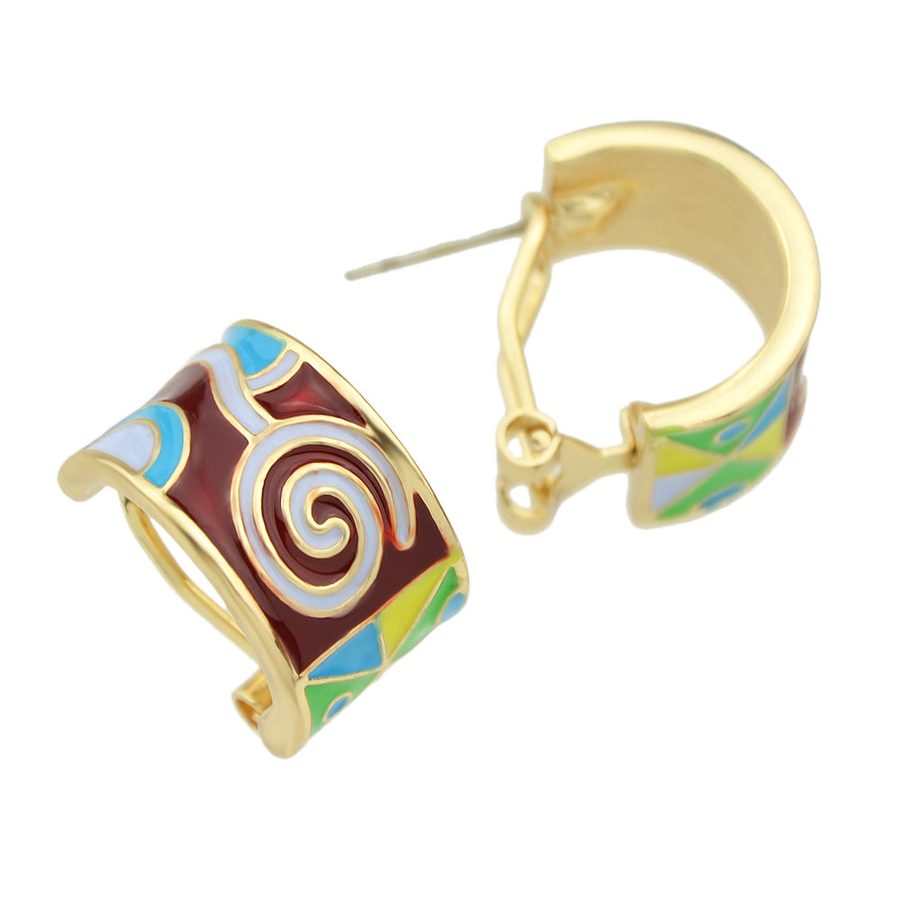 Ethnic Jewelry Colorful Enamel Geometric Pattern Wrap Cuffs Stud Huggie Earrings