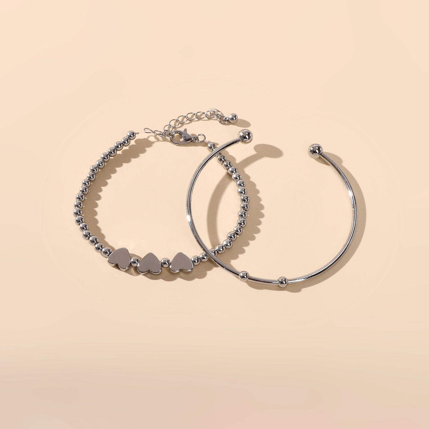 2 pcs Silver Heart Chain Bracelet Open Cuff Bangle Ladies Jewellery Accessories