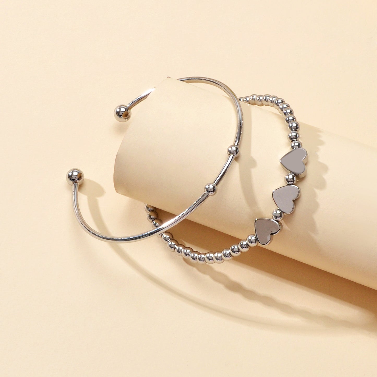 2 pcs Silver Heart Chain Bracelet Open Cuff Bangle Ladies Jewellery Accessories