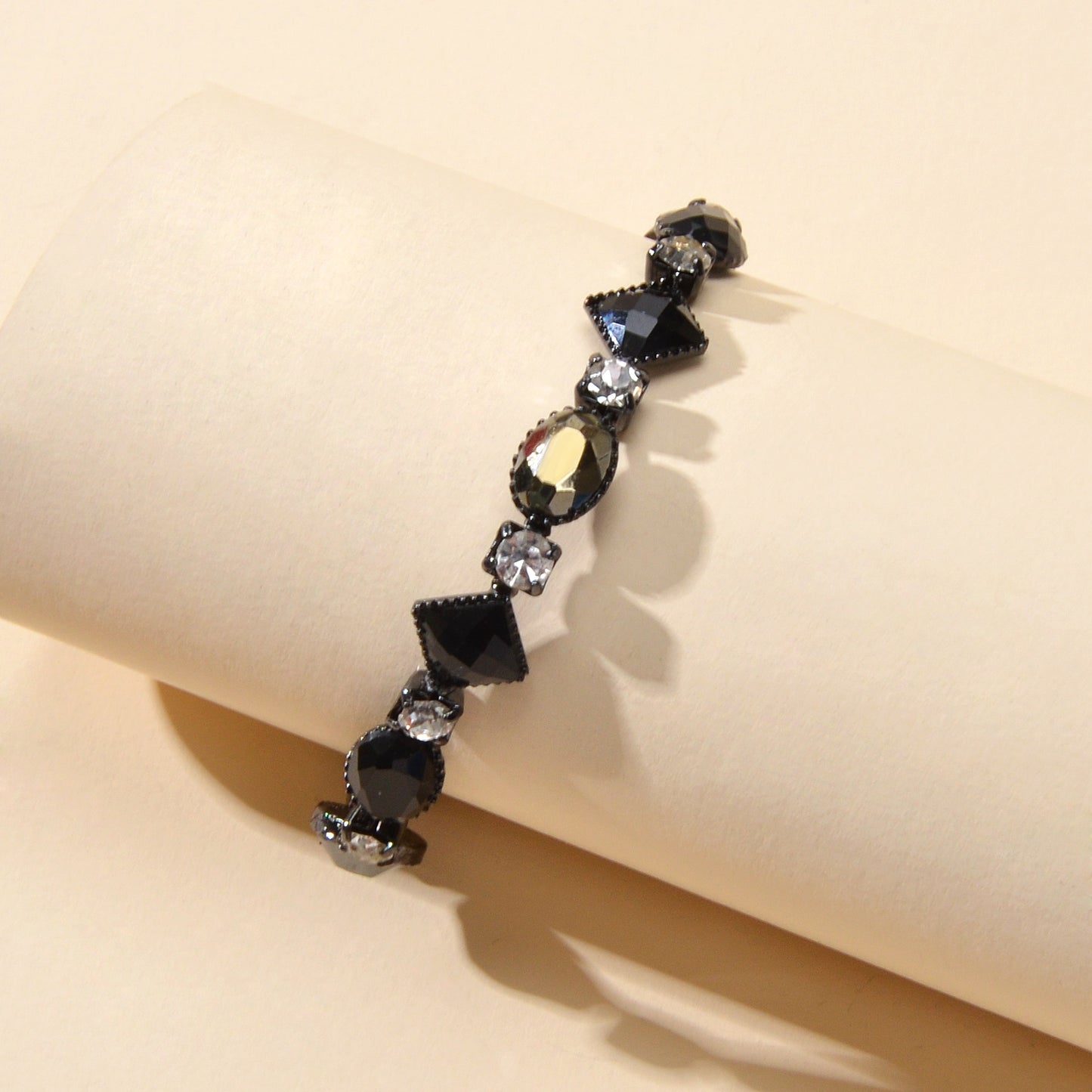 Vintage Court Rhinestone Round Rhombus Black Acrylic Beads Chain Retro Bracelets