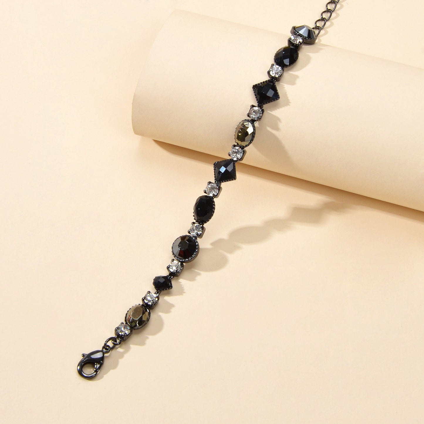 Vintage Court Rhinestone Round Rhombus Black Acrylic Beads Chain Retro Bracelets