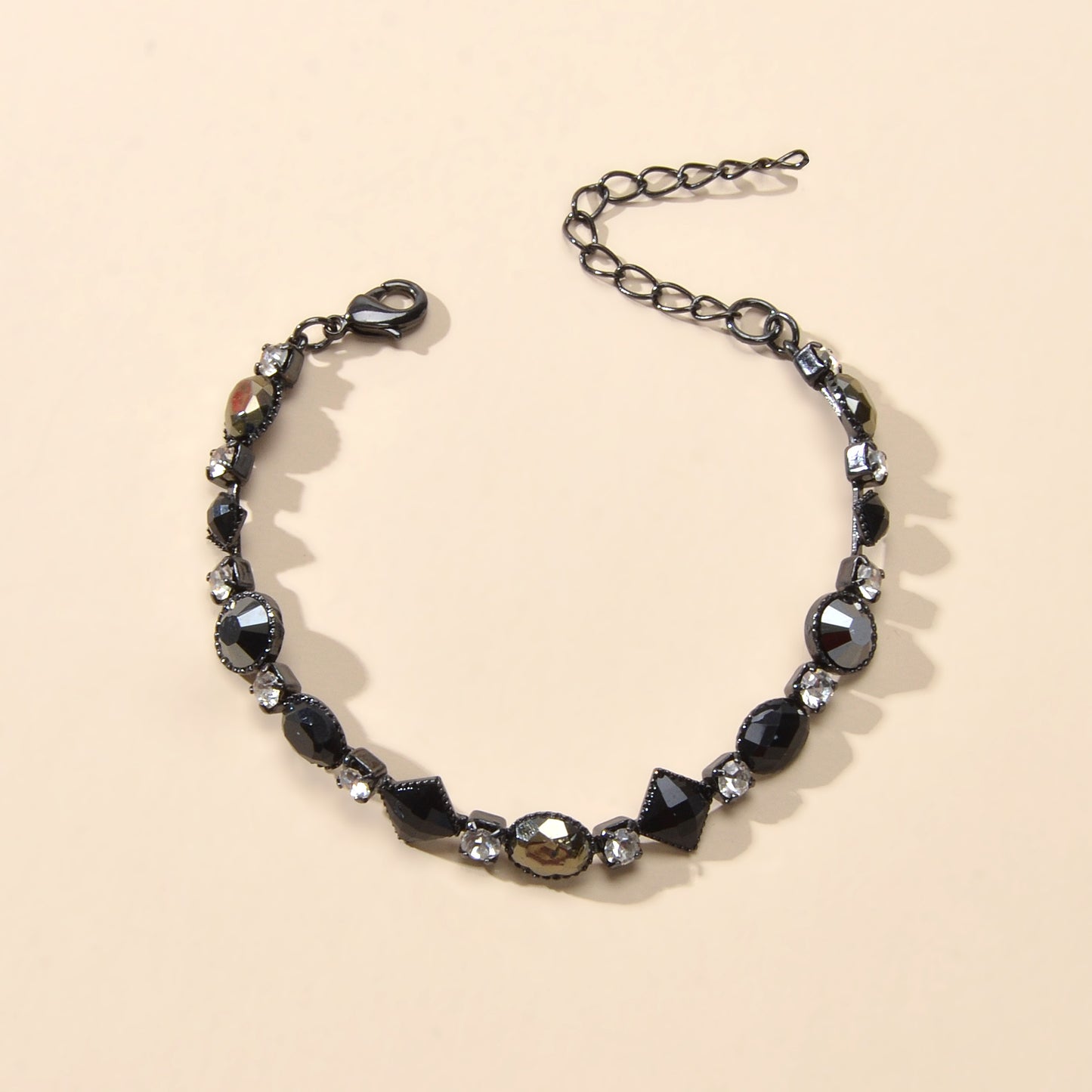 Vintage Court Rhinestone Round Rhombus Black Acrylic Beads Chain Retro Bracelets