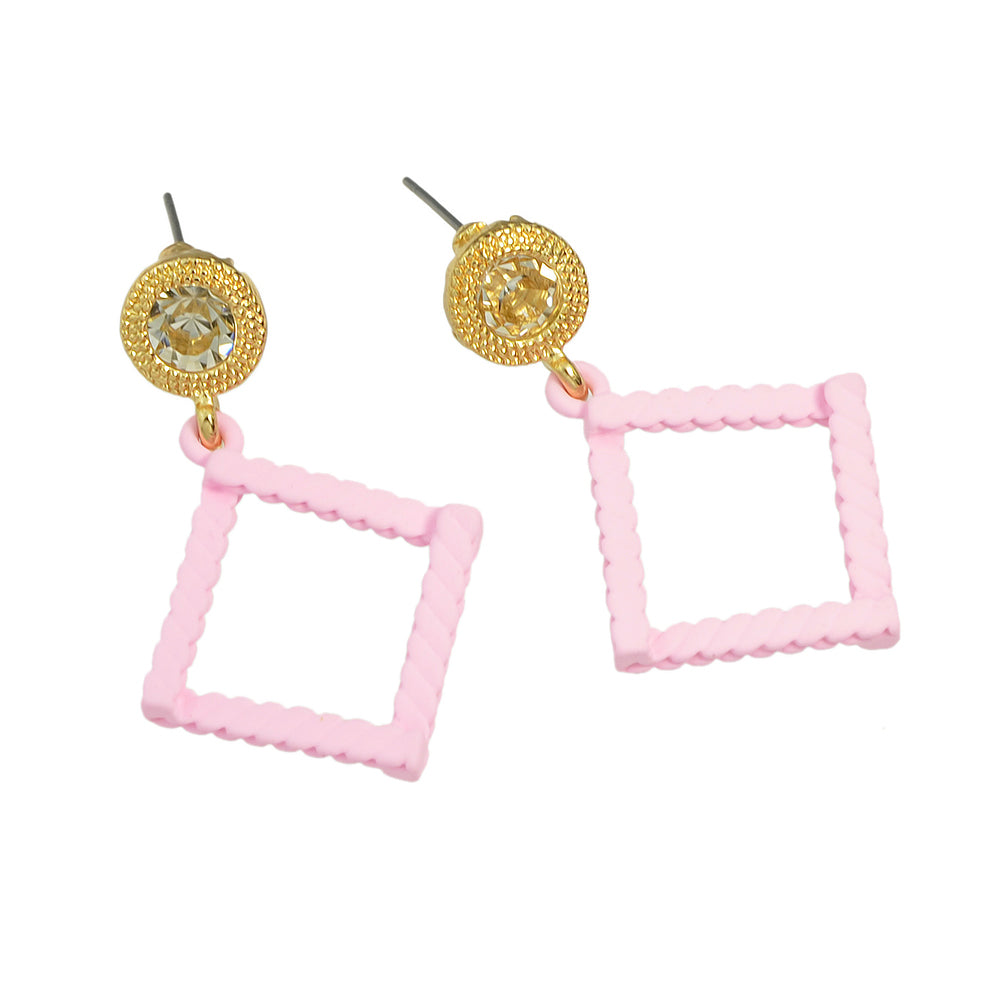 Candy Color Square Charm Dangle Rhinestone Decor Geometric Pendant Stud Earrings
