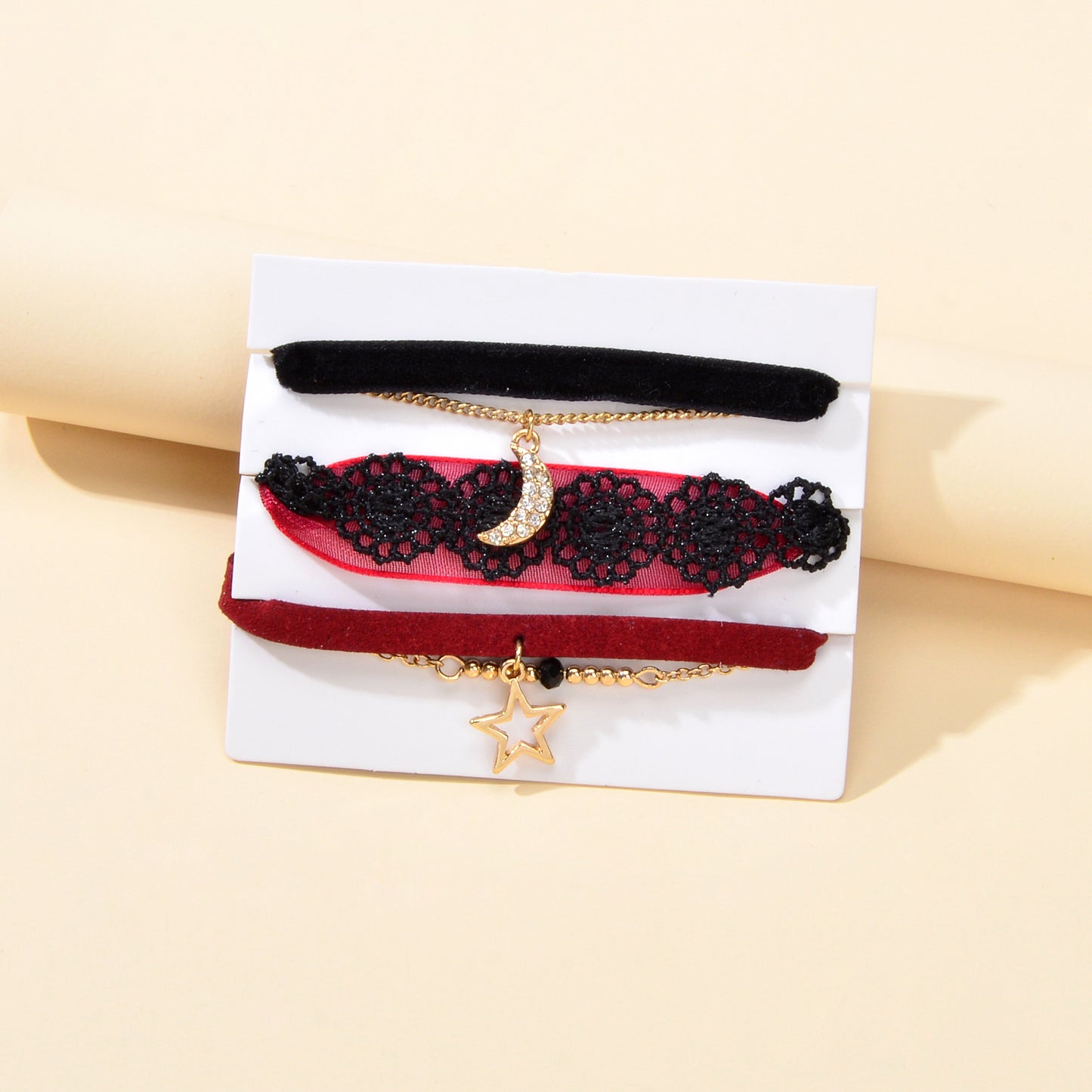 3pcs Boho Chic Black Winered Velvet Star Moon Double layer Chain Bracelets set