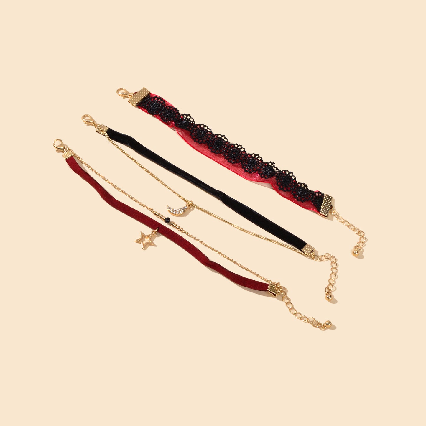 3pcs Boho Chic Black Winered Velvet Star Moon Double layer Chain Bracelets set