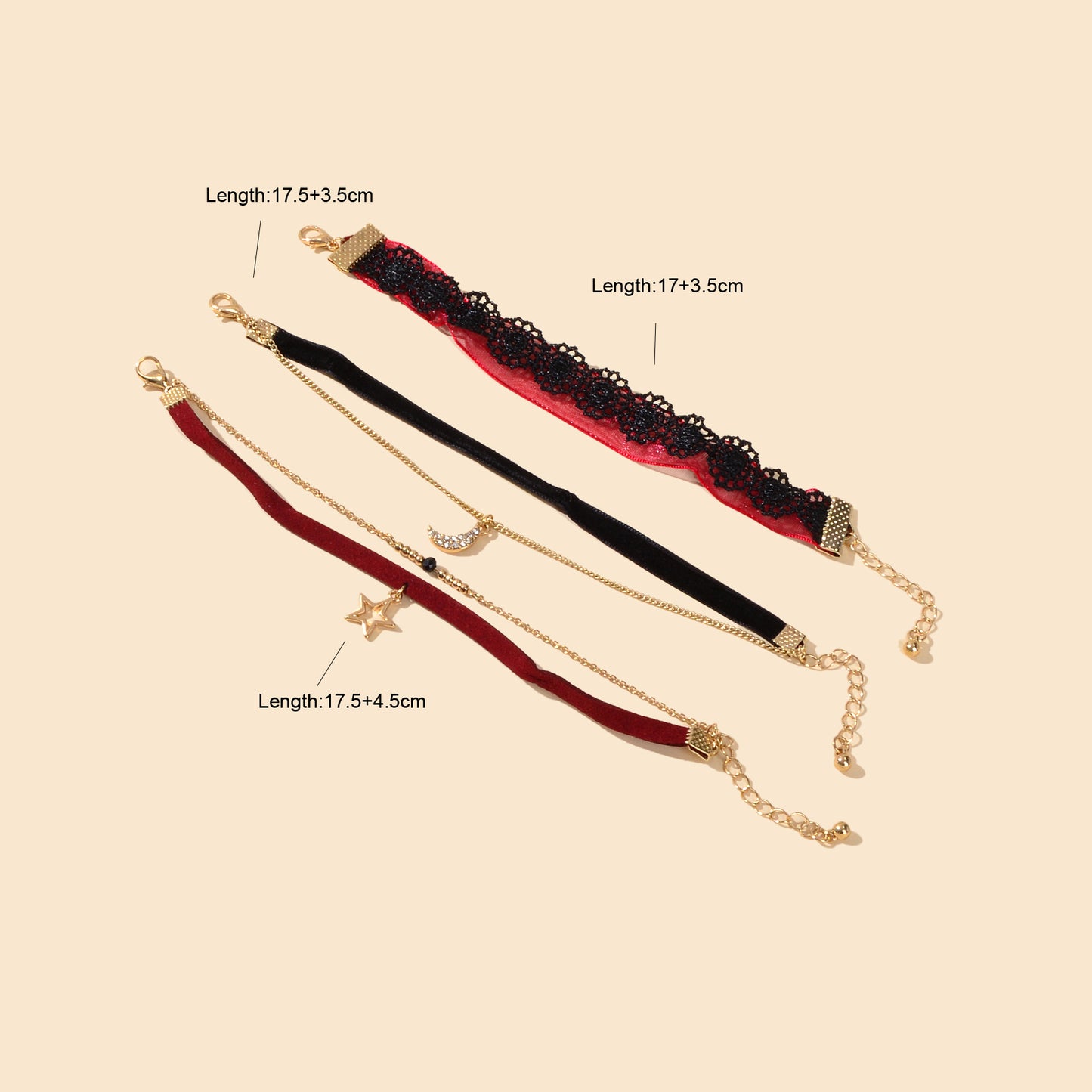 3pcs Boho Chic Black Winered Velvet Star Moon Double layer Chain Bracelets set
