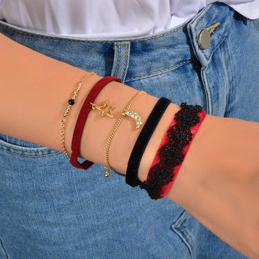 3pcs Boho Chic Black Winered Velvet Star Moon Double layer Chain Bracelets set