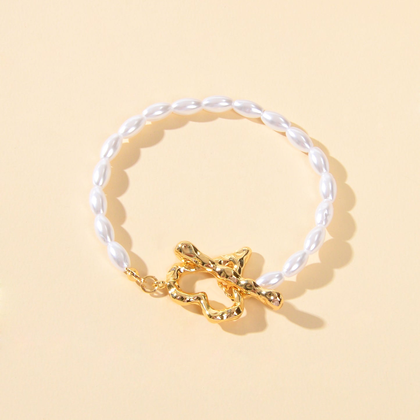 Textured Bridal Jewellery Retro Pearl Beads Gold Heart Charm Wedding Bracelet