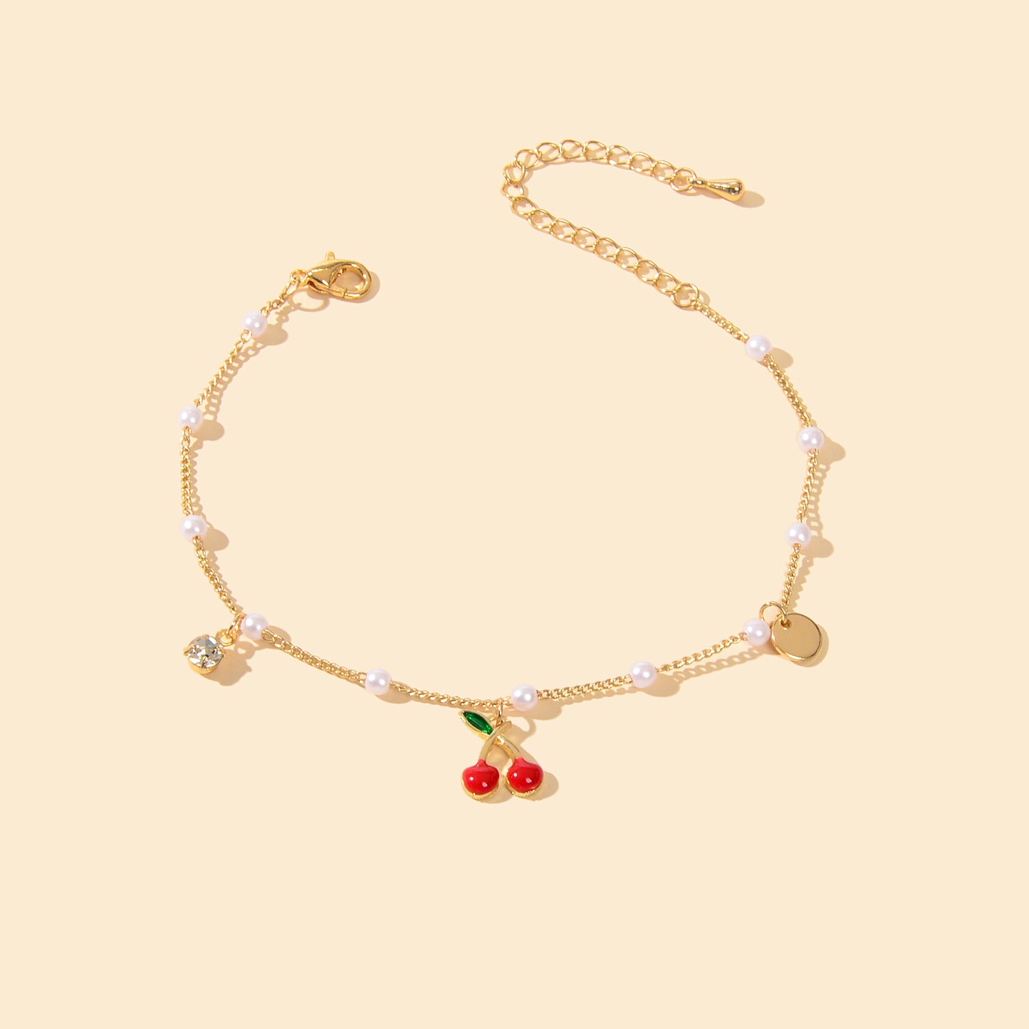 Pearl Beads Disc Charm Gold Chain Red Cherry Charm Bracelet Women Dainty Gift