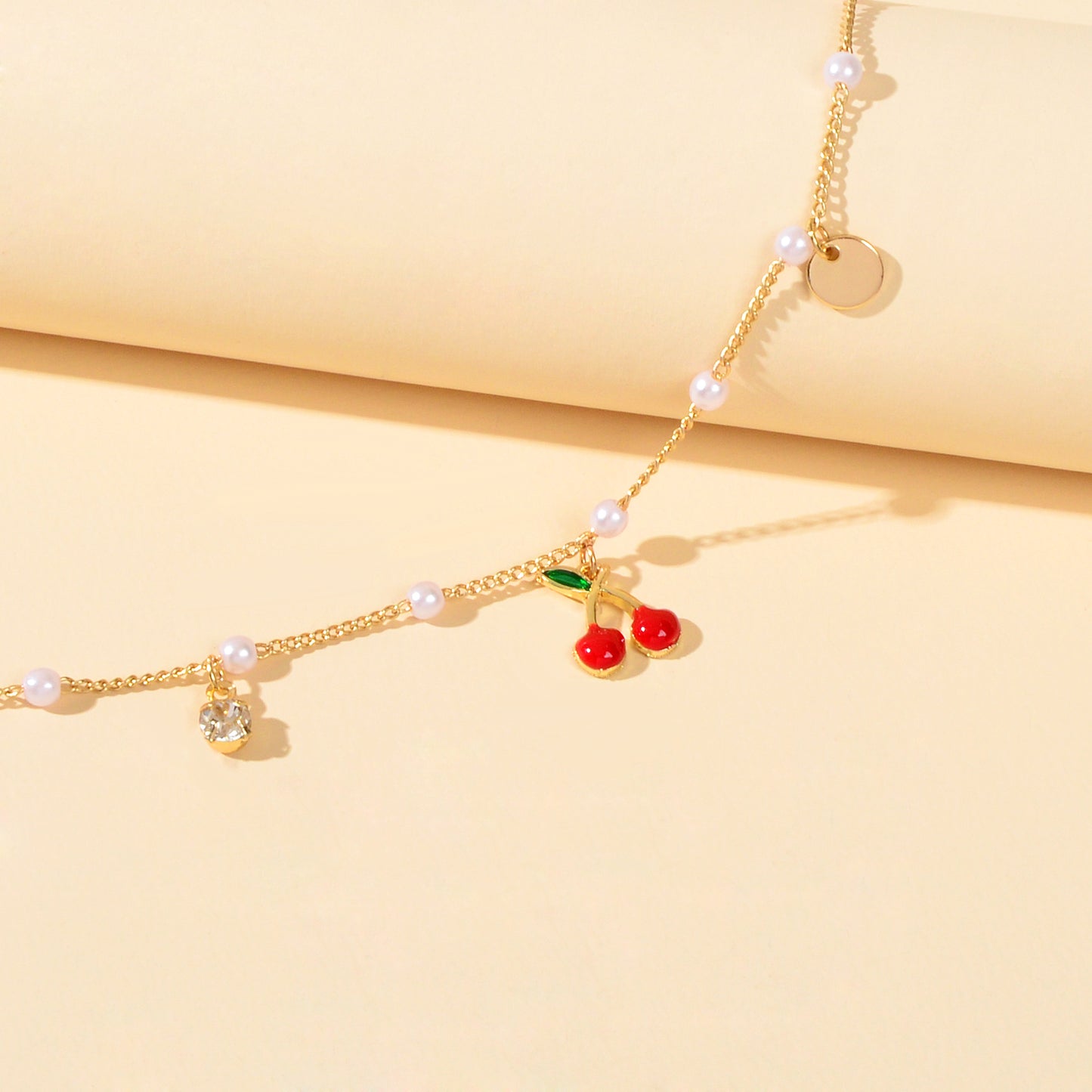 Pearl Beads Disc Charm Gold Chain Red Cherry Charm Bracelet Women Dainty Gift