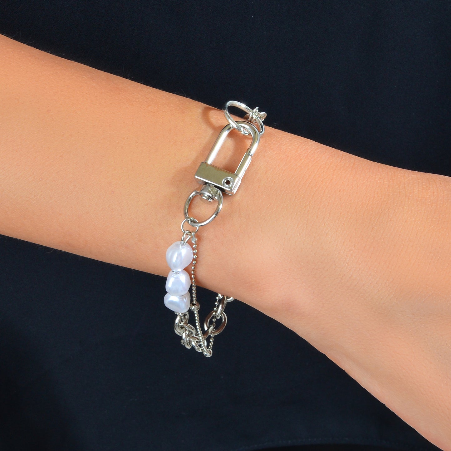 Punk Retro Faux Pearl Decor Double layer Silver Chain Lock Fashion Bracelet Gift