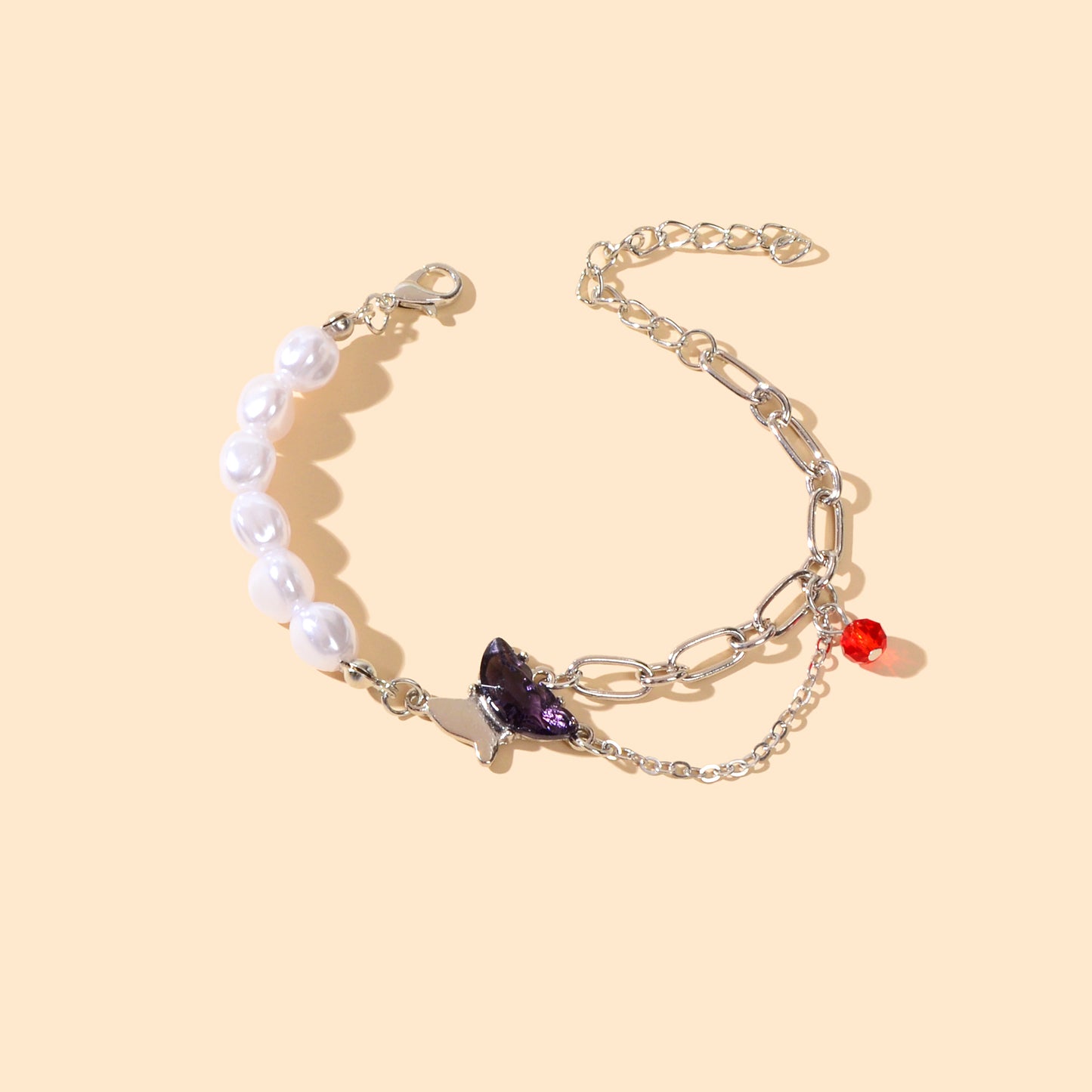 Designer Multiple Silver Pearl Chain Red Beads Purple Crystal Butterfly Bracelet
