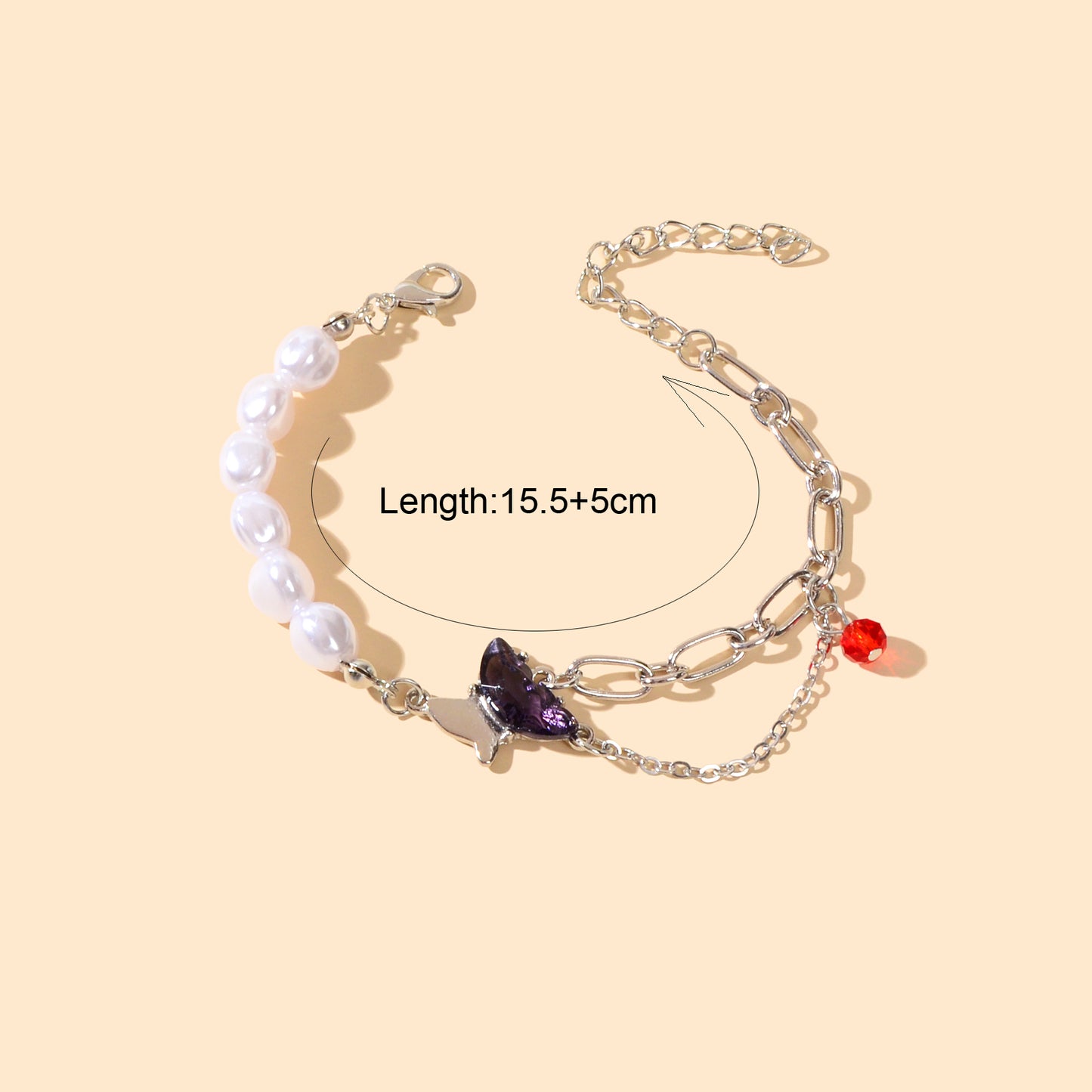 Designer Multiple Silver Pearl Chain Red Beads Purple Crystal Butterfly Bracelet