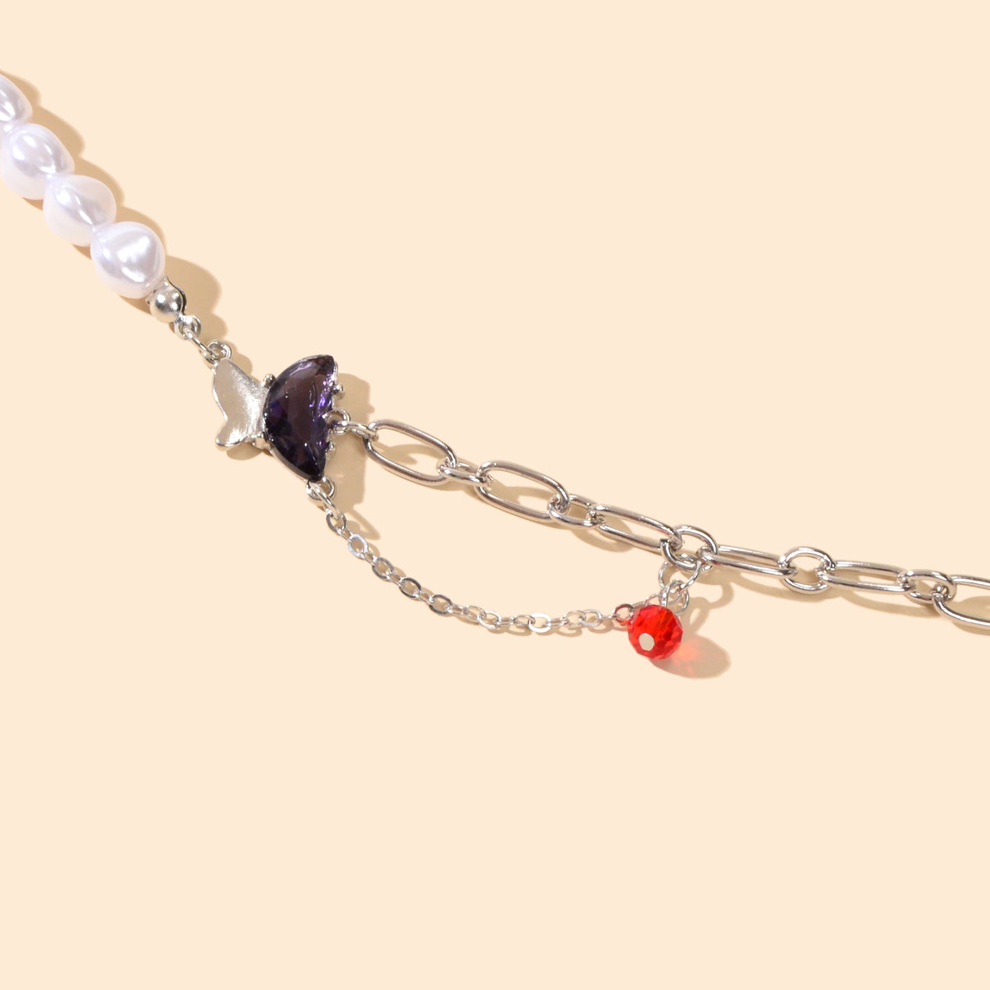 Designer Multiple Silver Pearl Chain Red Beads Purple Crystal Butterfly Bracelet