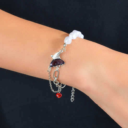 Designer Multiple Silver Pearl Chain Red Beads Purple Crystal Butterfly Bracelet