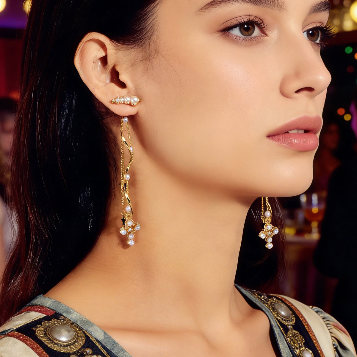 Rhinestone Pearl Gold Star Cross Charm Earrings Ear Jacket Tassel Stud Teen Gift