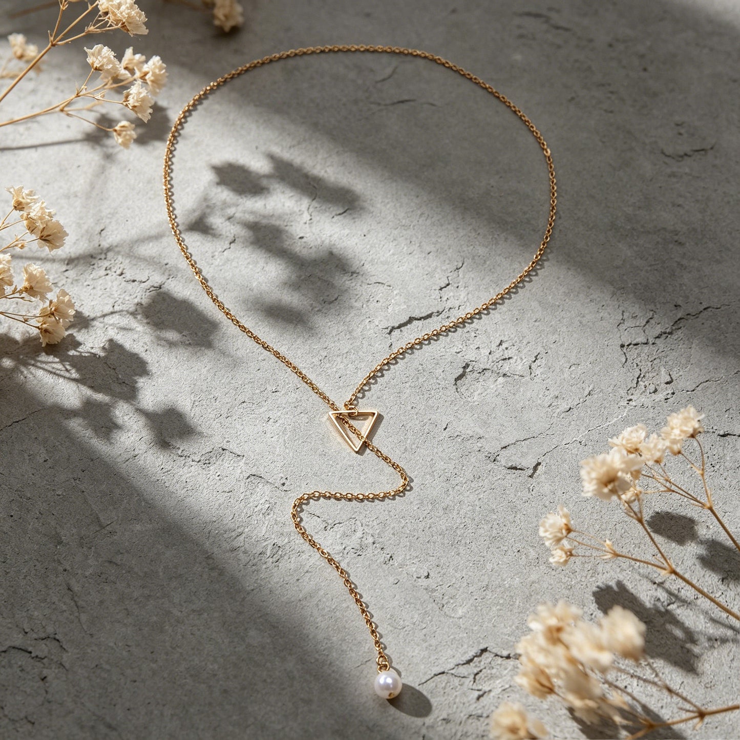 Minimalist Jewellery Pearl Long Gold Chain Triangle Y Lariat Pendant Necklace