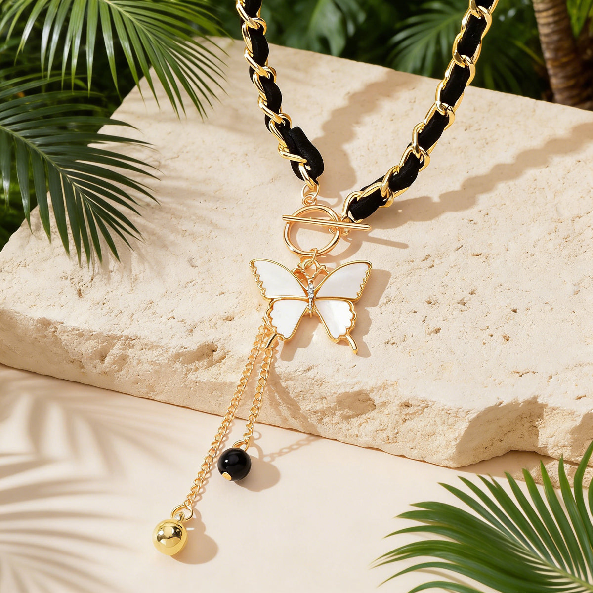1pc Designer Stylish Butterfly Charm and Ball Pendant Tassel Braided Long Necklace Women Party Daily Jewelry