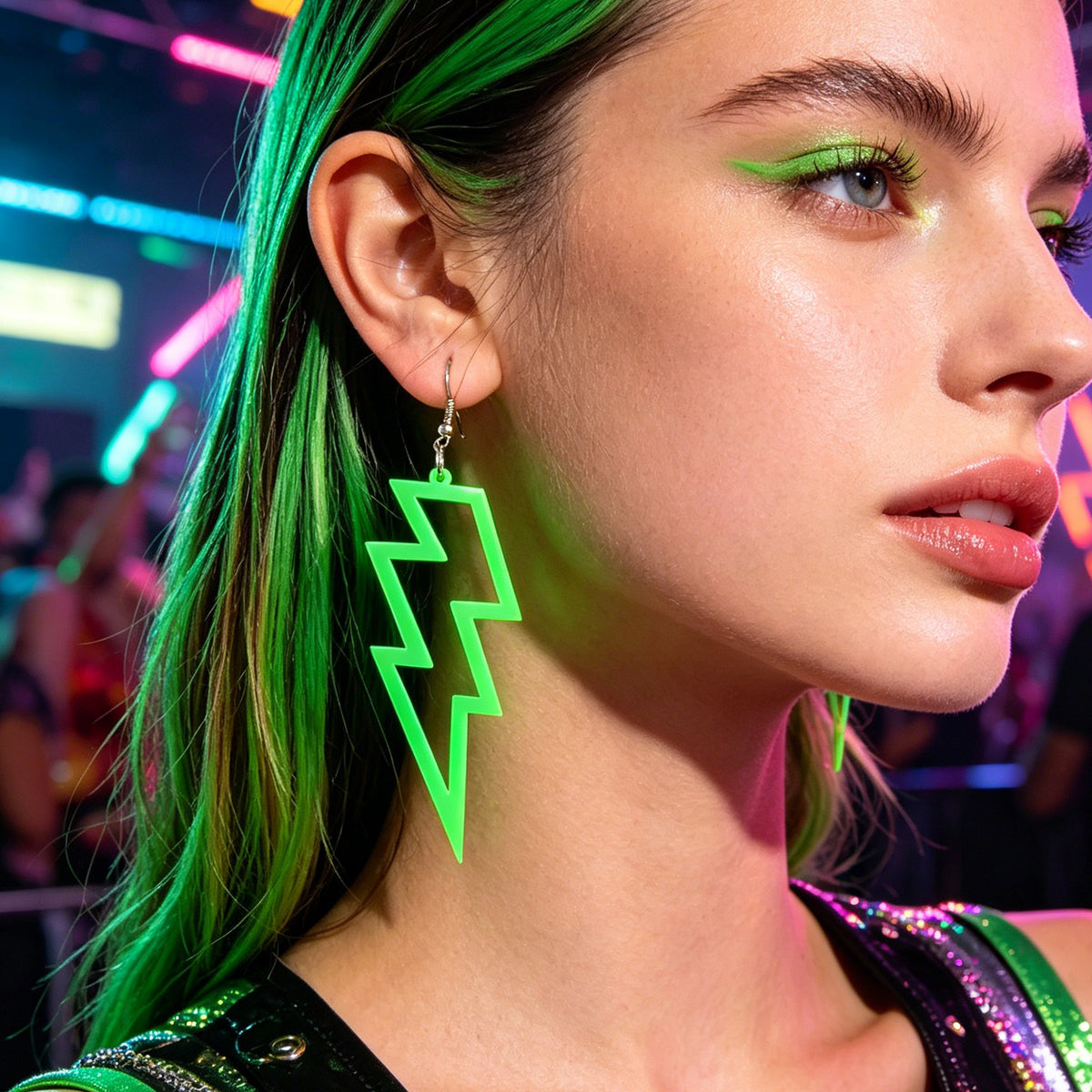 Lightning Bolt Statement Dangle Earrings Retro Punk Hippie Fluro Neon Jewellery