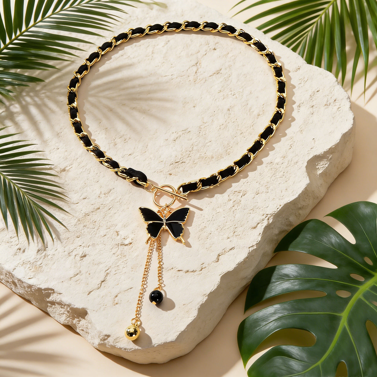 1pc Designer Stylish Butterfly Charm and Ball Pendant Tassel Braided Long Necklace Women Party Daily Jewelry
