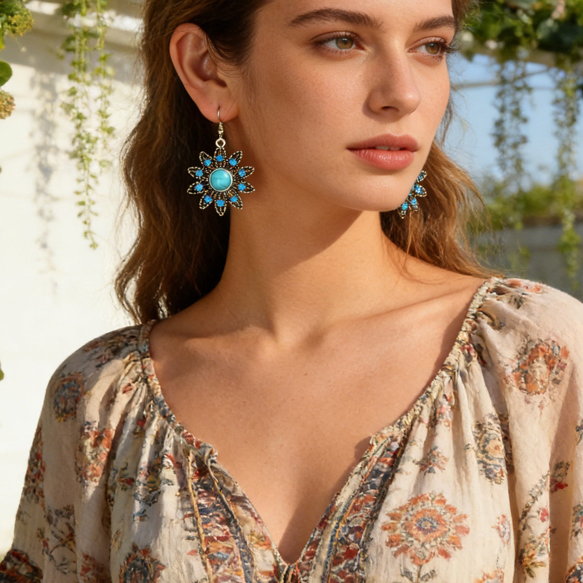 Vintage Jewelry Antique Silver Hollow out Blue Turquoise Flower Dangle Earrings