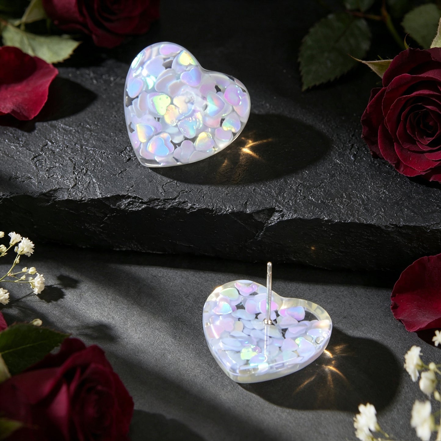 Love Heart Handmade Sparkle Glitter Stud Sequins Pierced Earrings Resin Jewelry