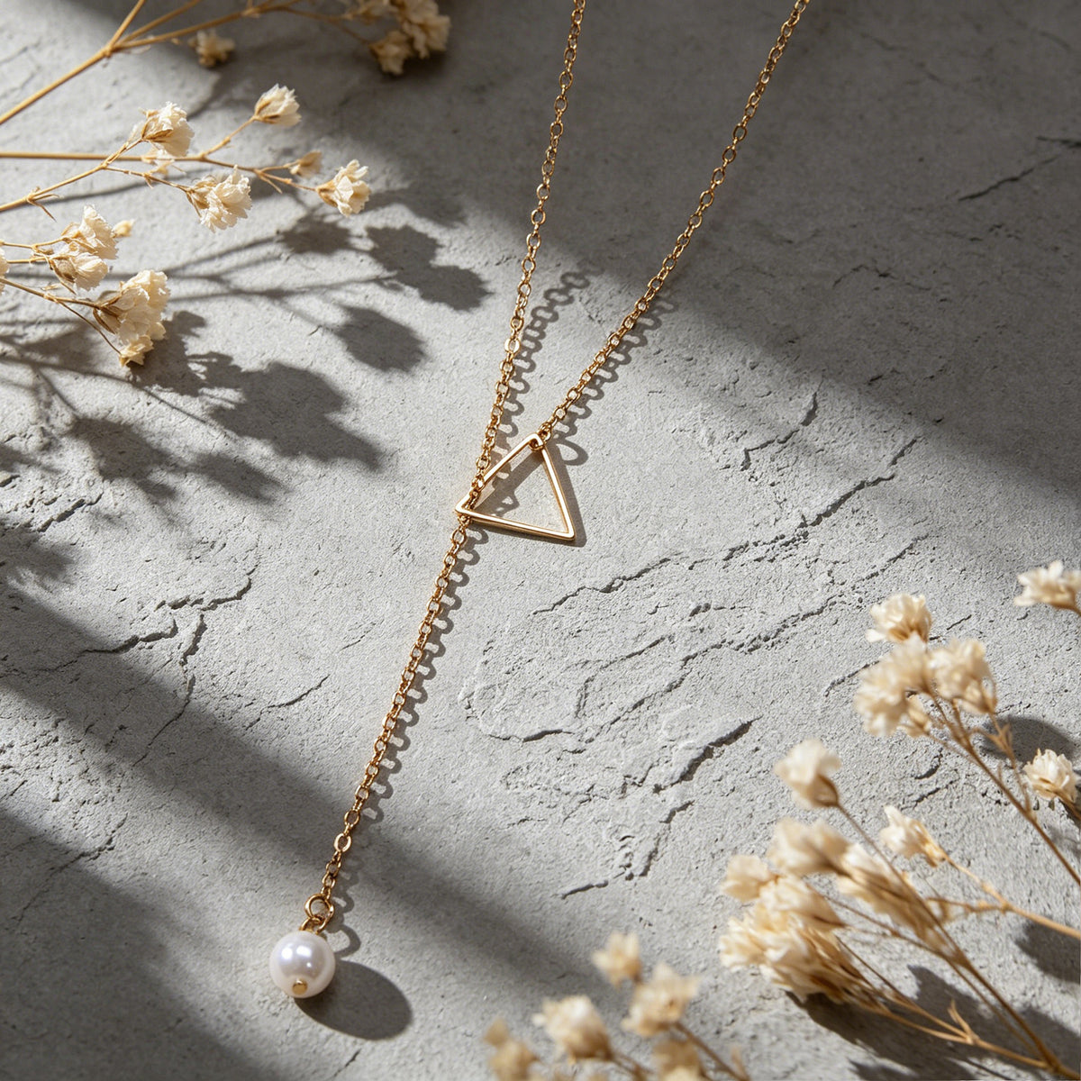 Minimalist Jewellery Pearl Long Gold Chain Triangle Y Lariat Pendant Necklace