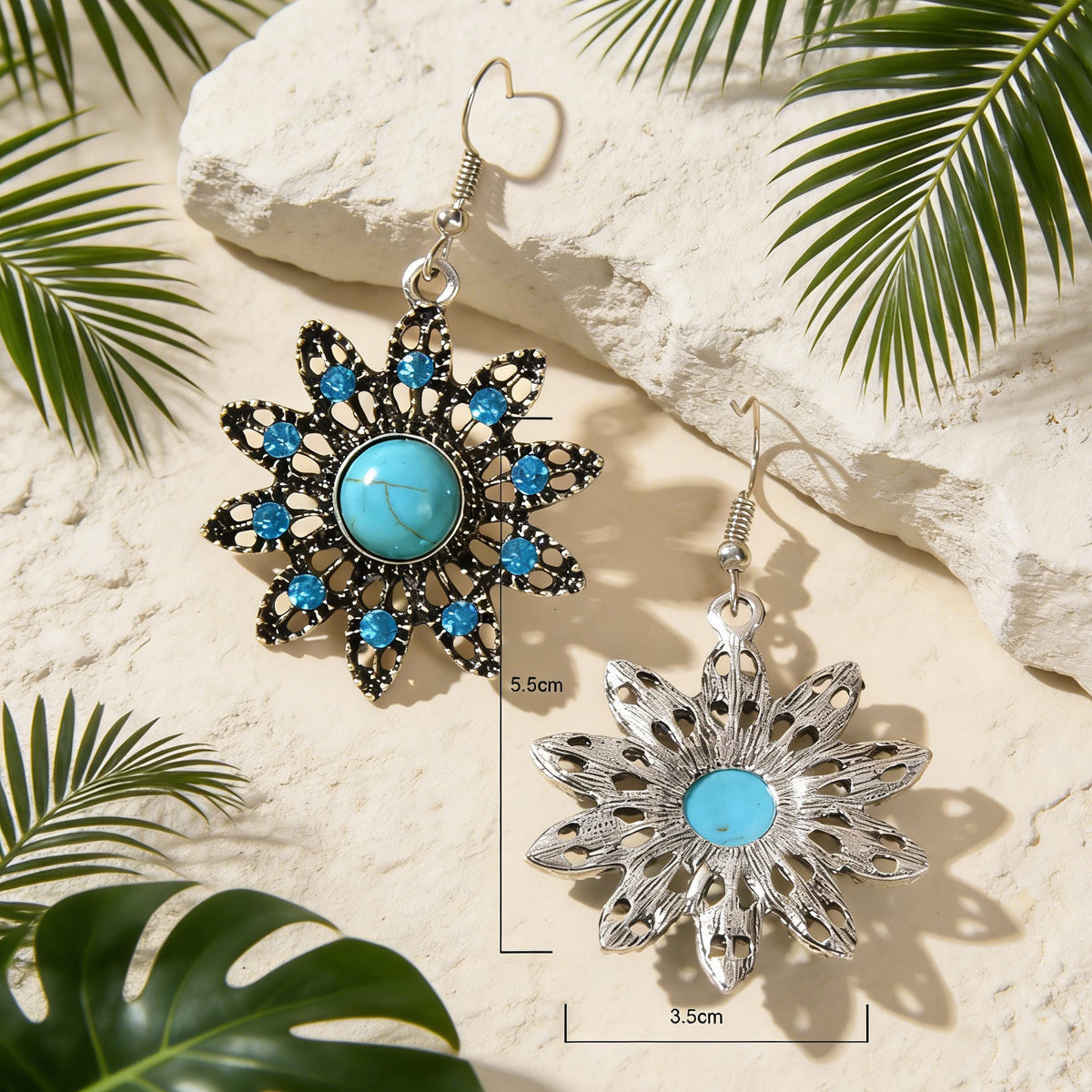 Vintage Jewelry Antique Silver Hollow out Blue Turquoise Flower Dangle Earrings