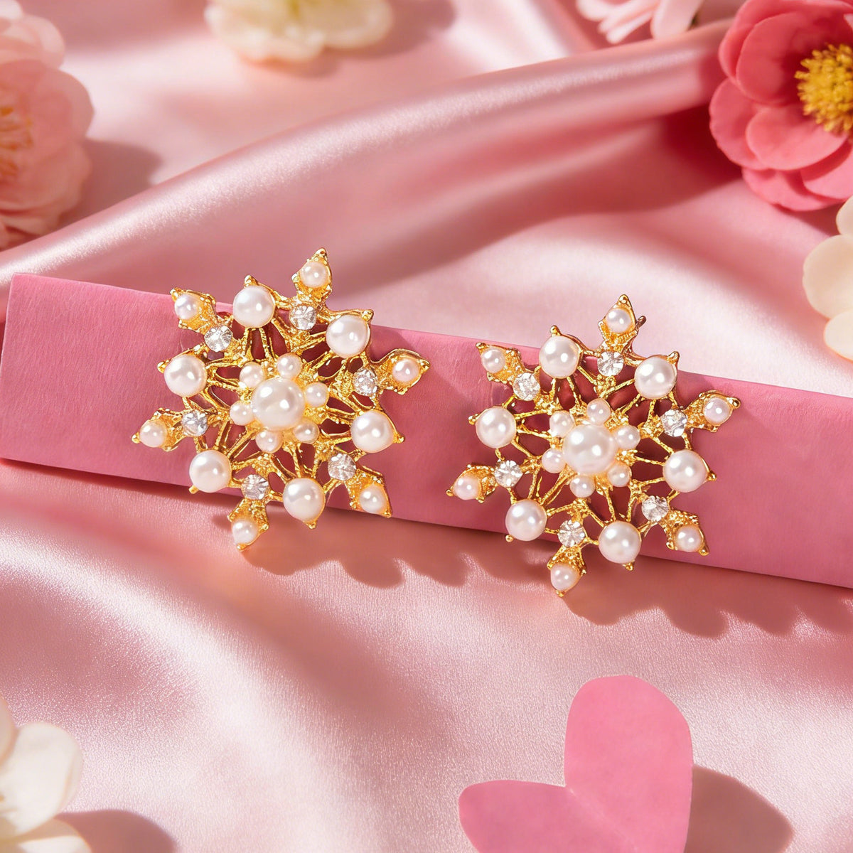 Pearl Rhinestone Gold Snowflake Stud Earrings Women Christmas Party Decoration