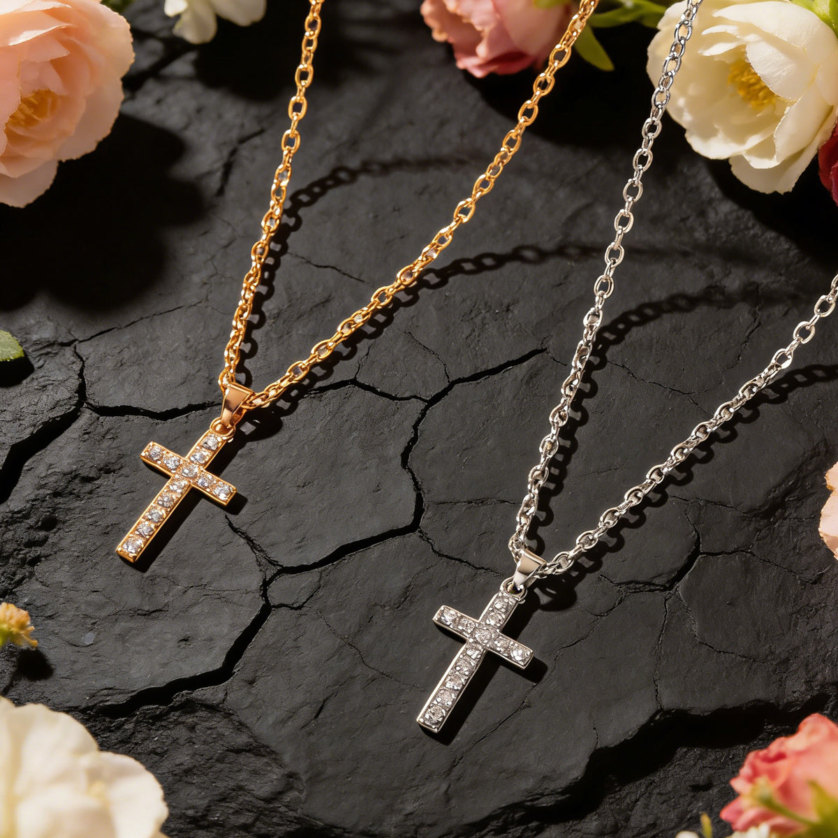 2 pcs Gold Silver Chain Rhinestone Cross Matching Necklace Lovers Couples Gift