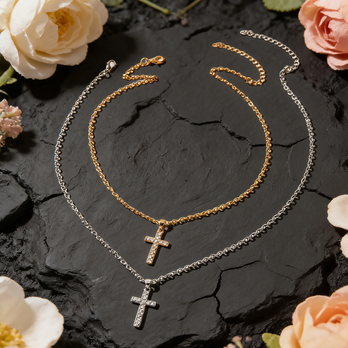 2 pcs Gold Silver Chain Rhinestone Cross Matching Necklace Lovers Couples Gift
