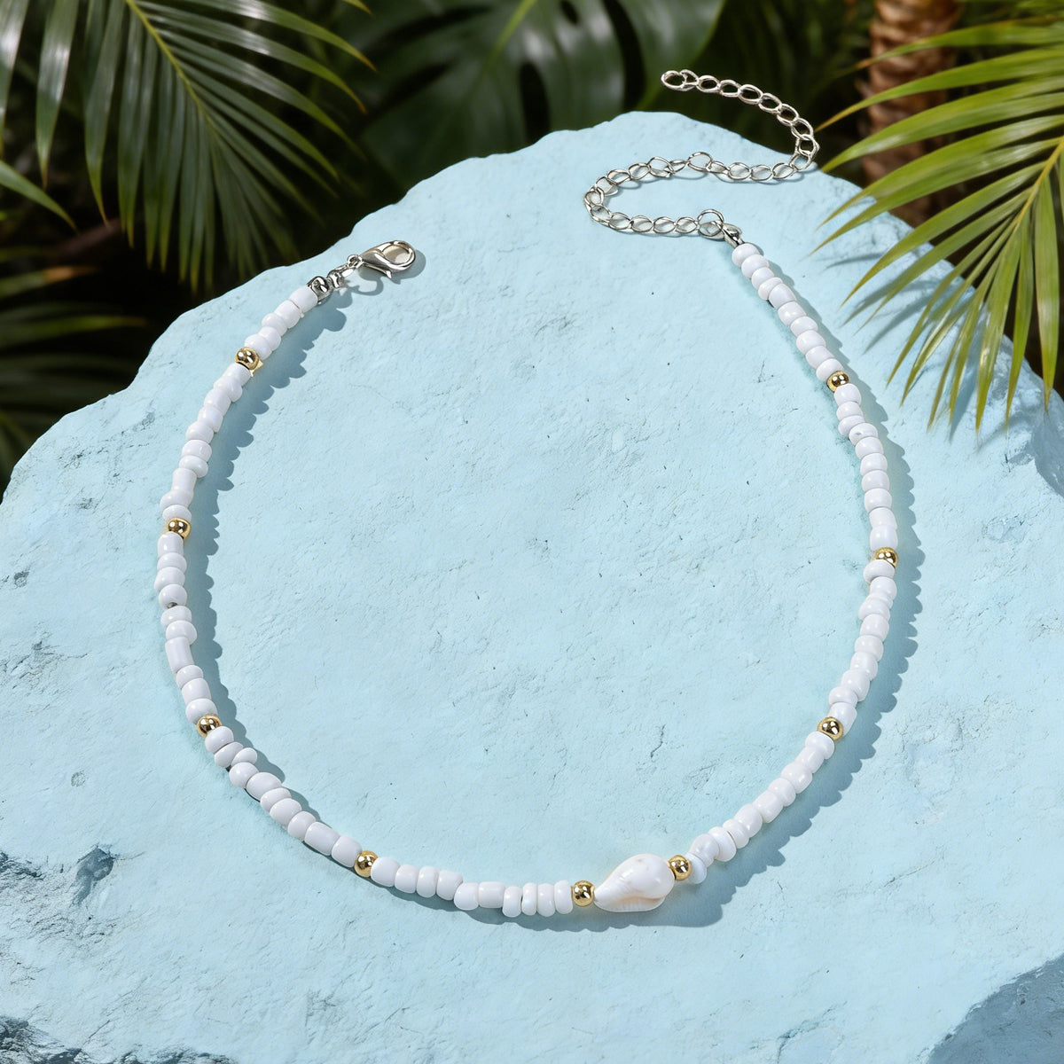 Feelontop Handmade Elegant Boho Seed Beads White Shell Necklace Choker Collar