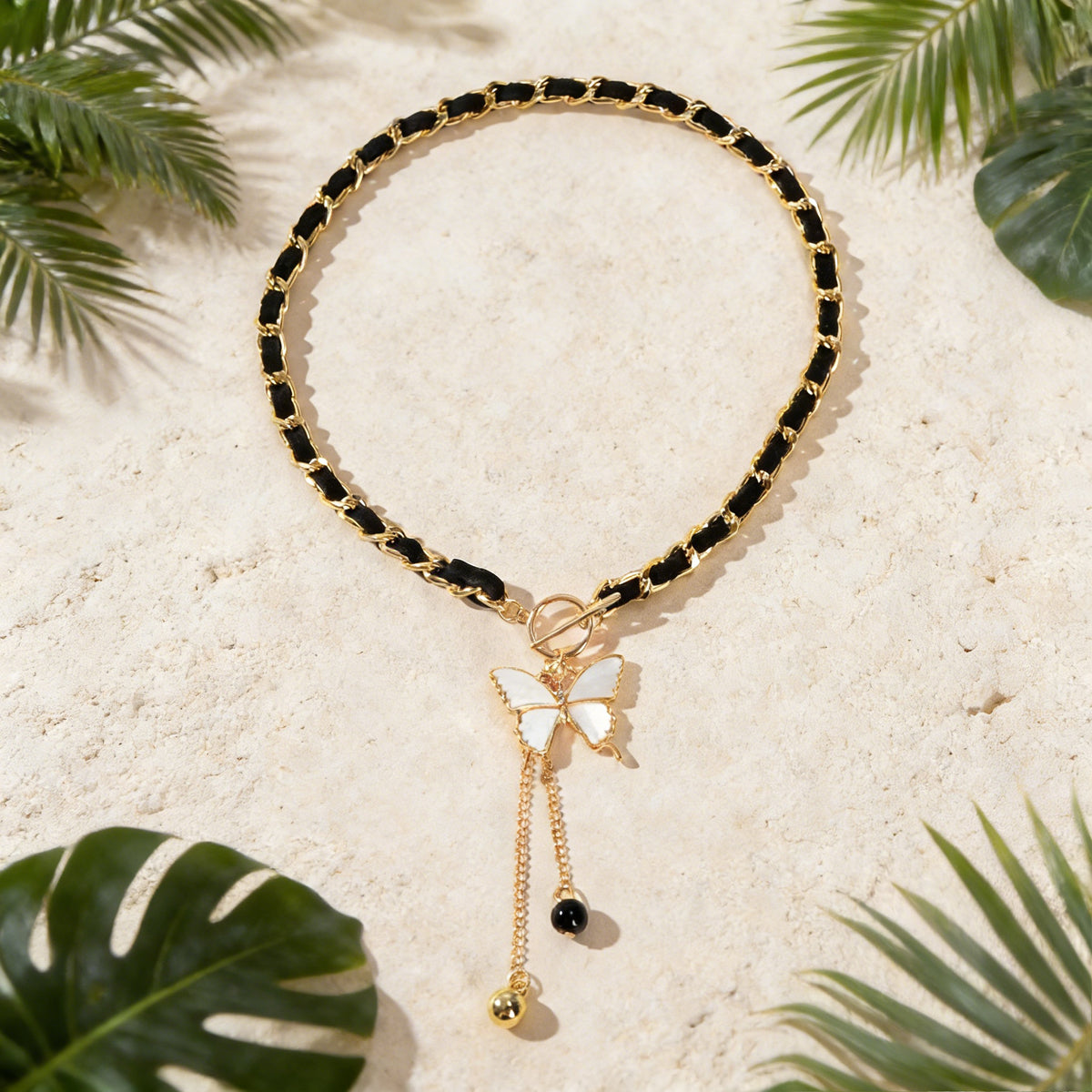 1pc Designer Stylish Butterfly Charm and Ball Pendant Tassel Braided Long Necklace Women Party Daily Jewelry