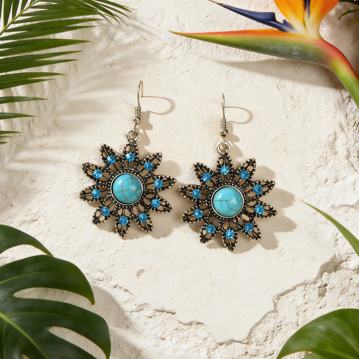 Vintage Jewelry Antique Silver Hollow out Blue Turquoise Flower Dangle Earrings