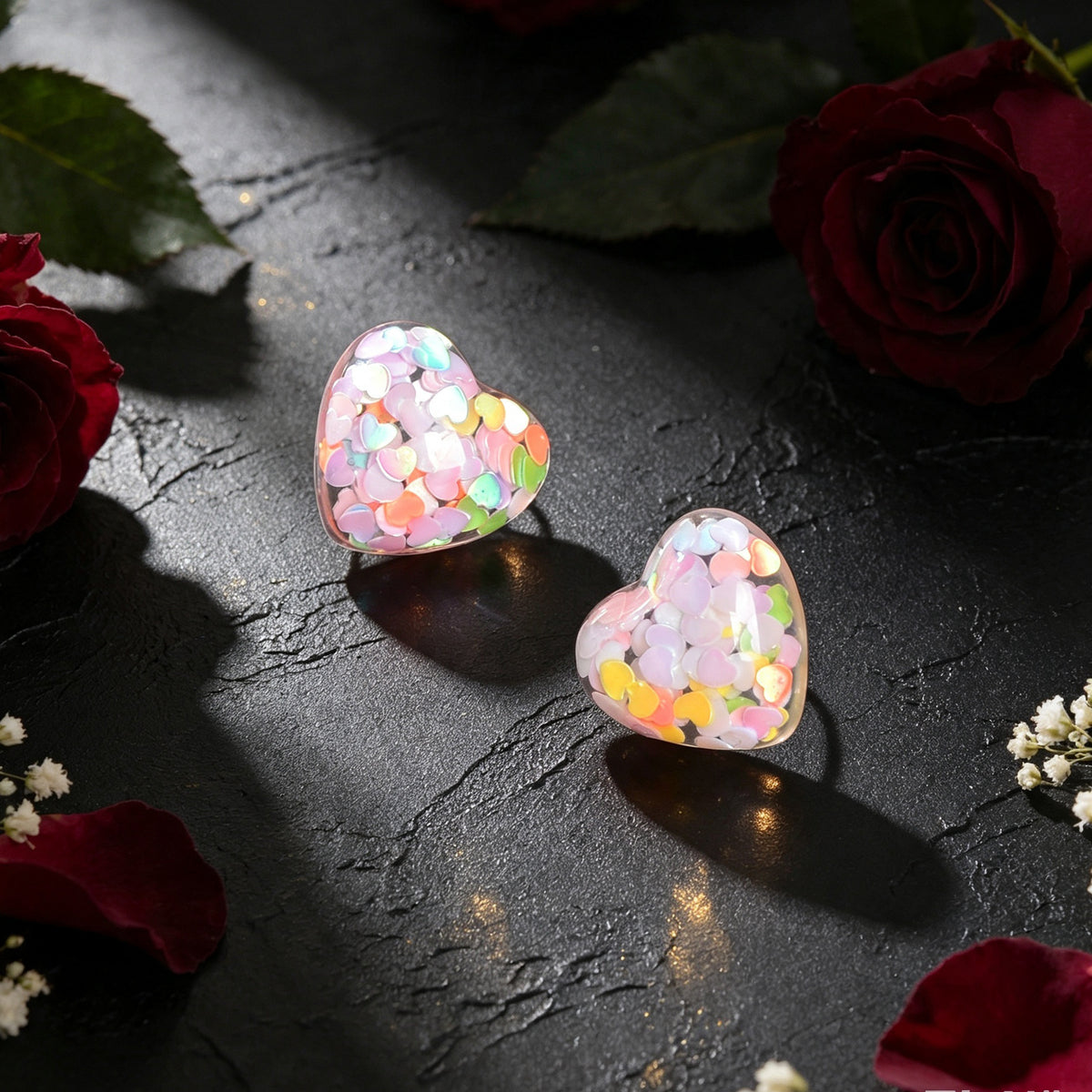 Love Heart Handmade Sparkle Glitter Stud Sequins Pierced Earrings Resin Jewelry