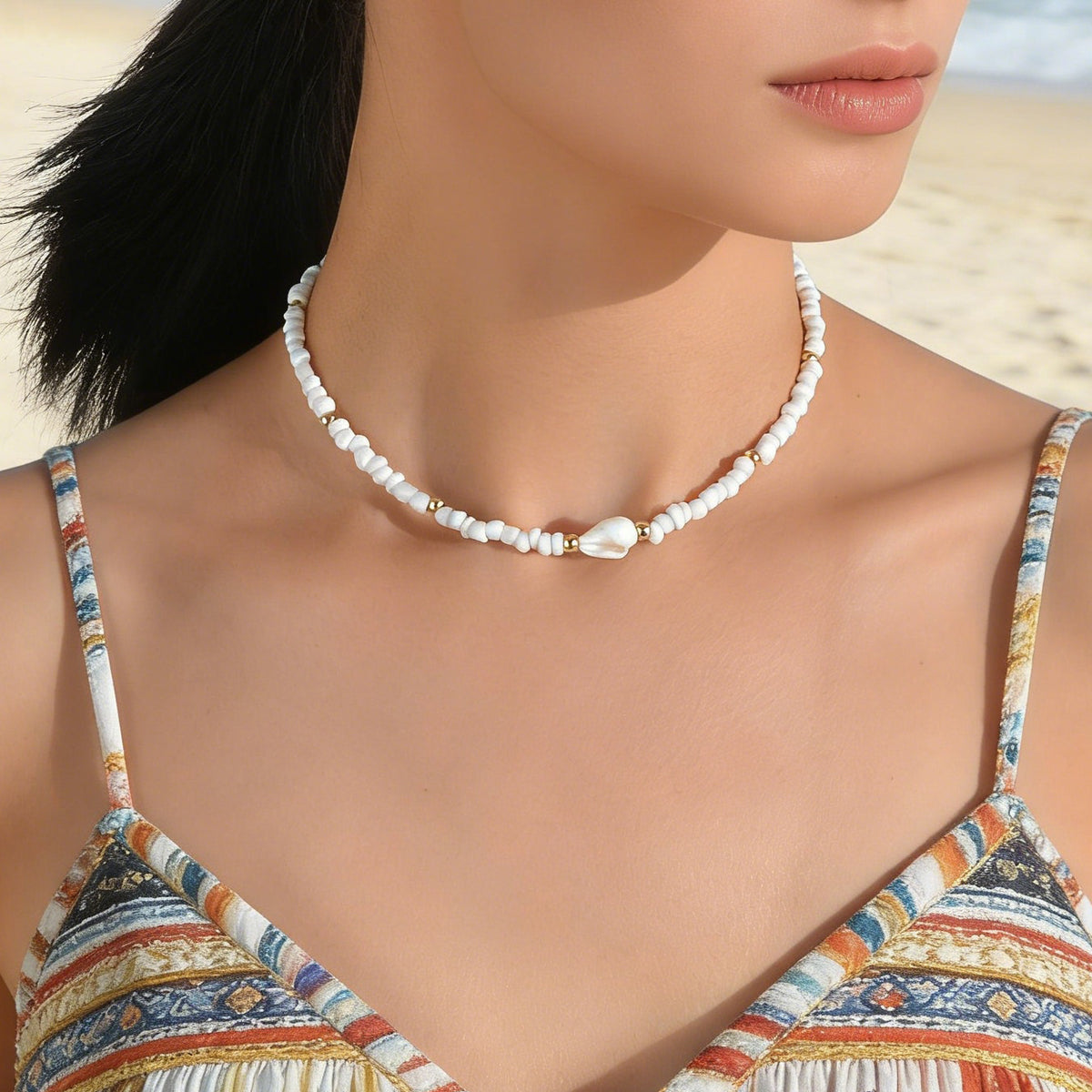 Feelontop Handmade Elegant Boho Seed Beads White Shell Necklace Choker Collar