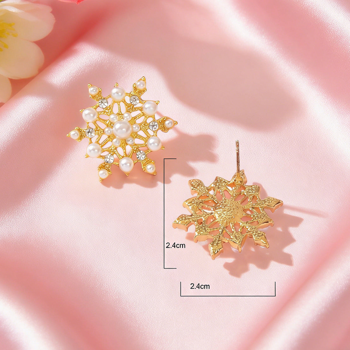 Pearl Rhinestone Gold Snowflake Stud Earrings Women Christmas Party Decoration