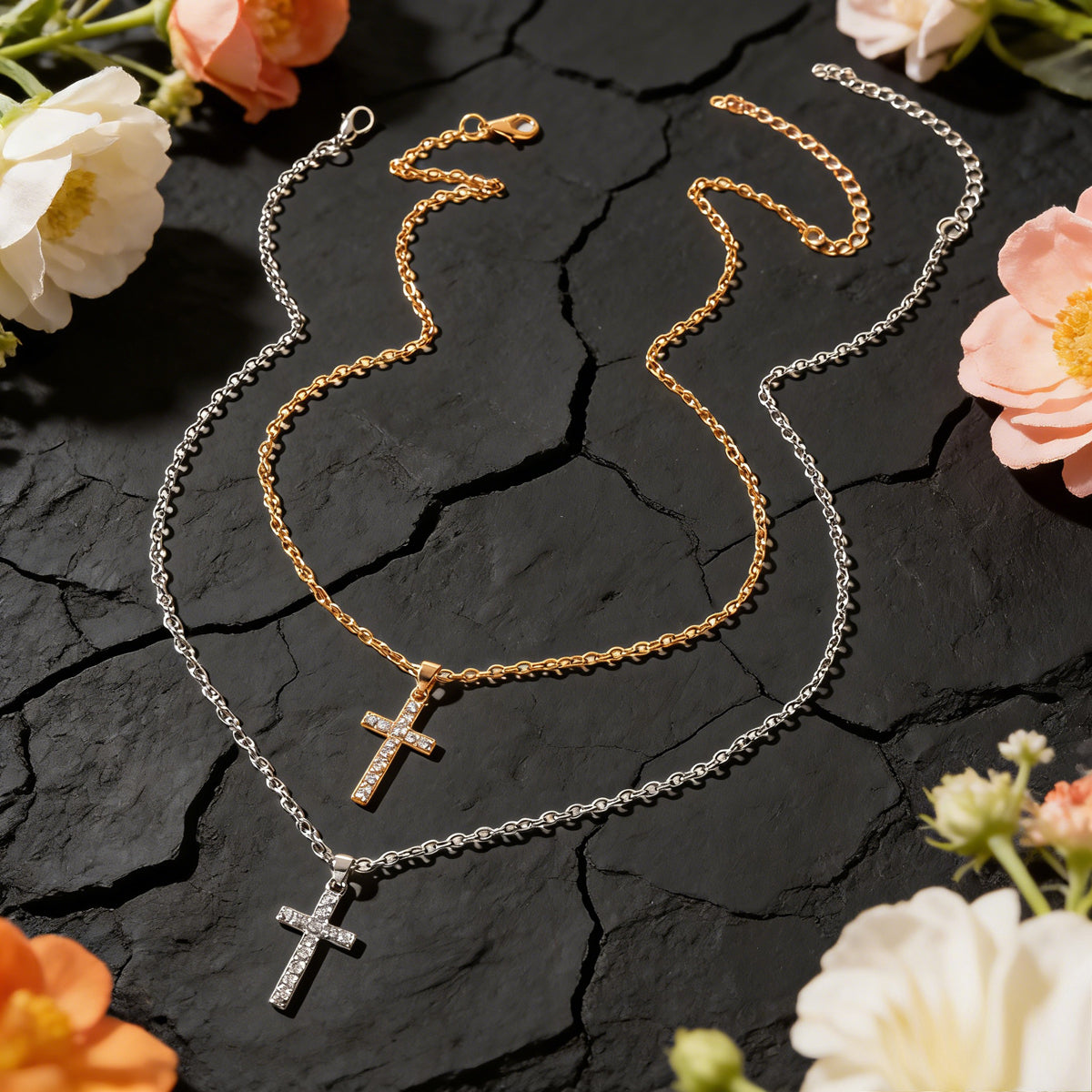 2 pcs Gold Silver Chain Rhinestone Cross Matching Necklace Lovers Couples Gift