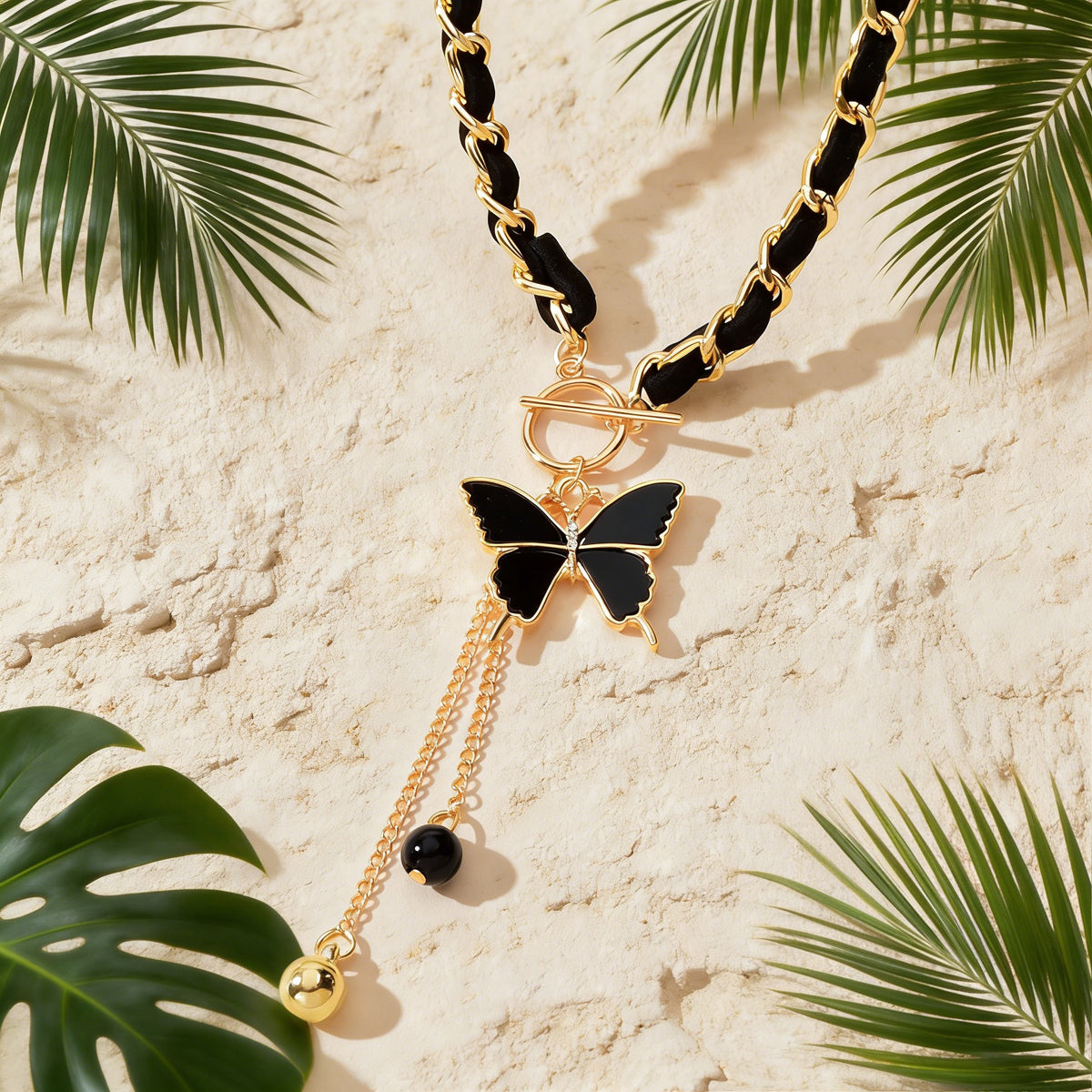 1pc Designer Stylish Butterfly Charm and Ball Pendant Tassel Braided Long Necklace Women Party Daily Jewelry