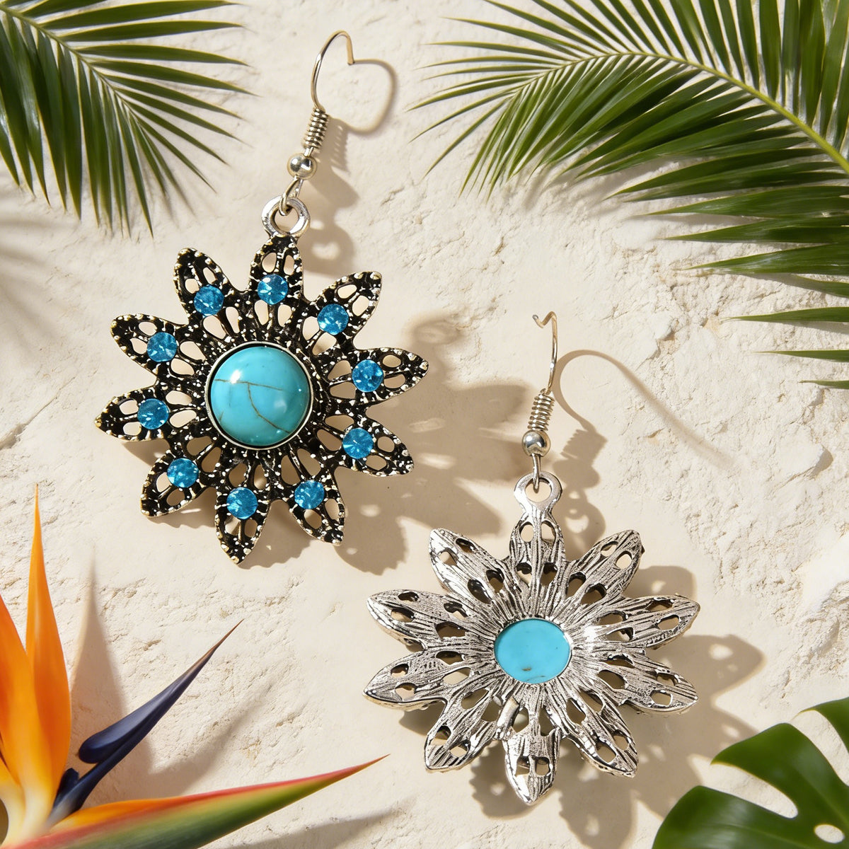 Vintage Jewelry Antique Silver Hollow out Blue Turquoise Flower Dangle Earrings