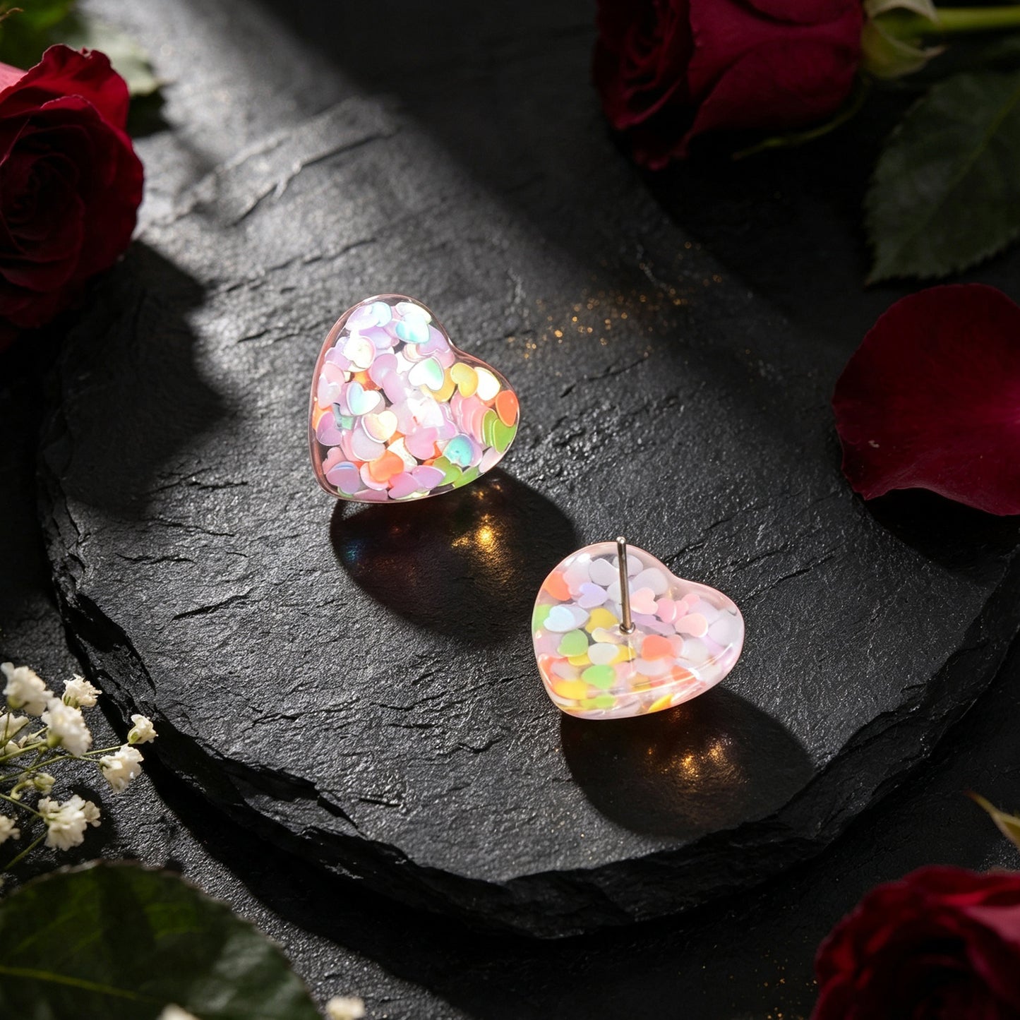 Love Heart Handmade Sparkle Glitter Stud Sequins Pierced Earrings Resin Jewelry