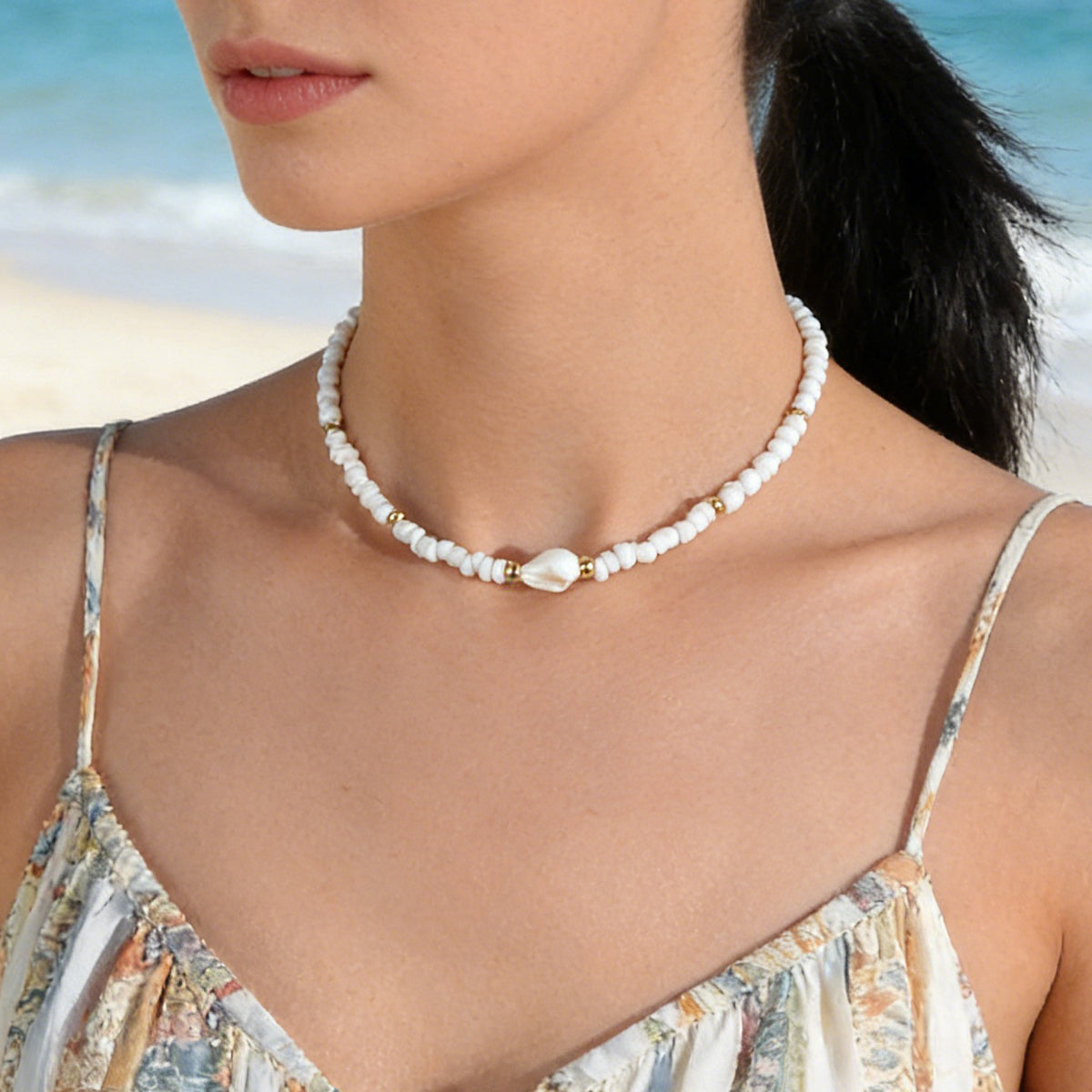 Feelontop Handmade Elegant Boho Seed Beads White Shell Necklace Choker Collar
